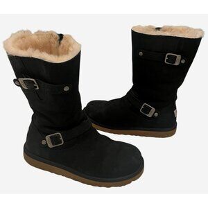 UGG Kengsington Black Leather Sheepskin Buckles Moto Boots